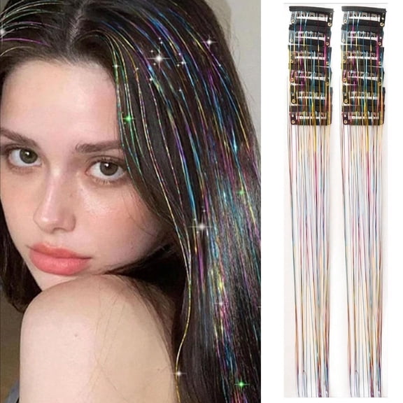 PPKVUFD Hair Tinsel 12Pcs Clip in Rainbow Hair Accessories 20.5 Inch Fairy Hair Tinsel Kit for Women Glitter Extensions for Christmas Halloween New Year Party (Rainbow)