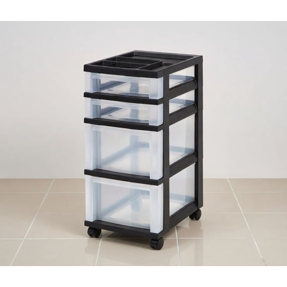 4-Drawer Narrow Plastic Storage Drawer Cart with Organizer Top, Black