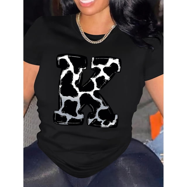 Stylish Letter & Cow Print Relaxed Fit T-Shirt - Women's Casual Round Neck Short Sleeves Sports Tee, Soft Breathable Fabric, Perfect for Outdoor Activities and Daily Life