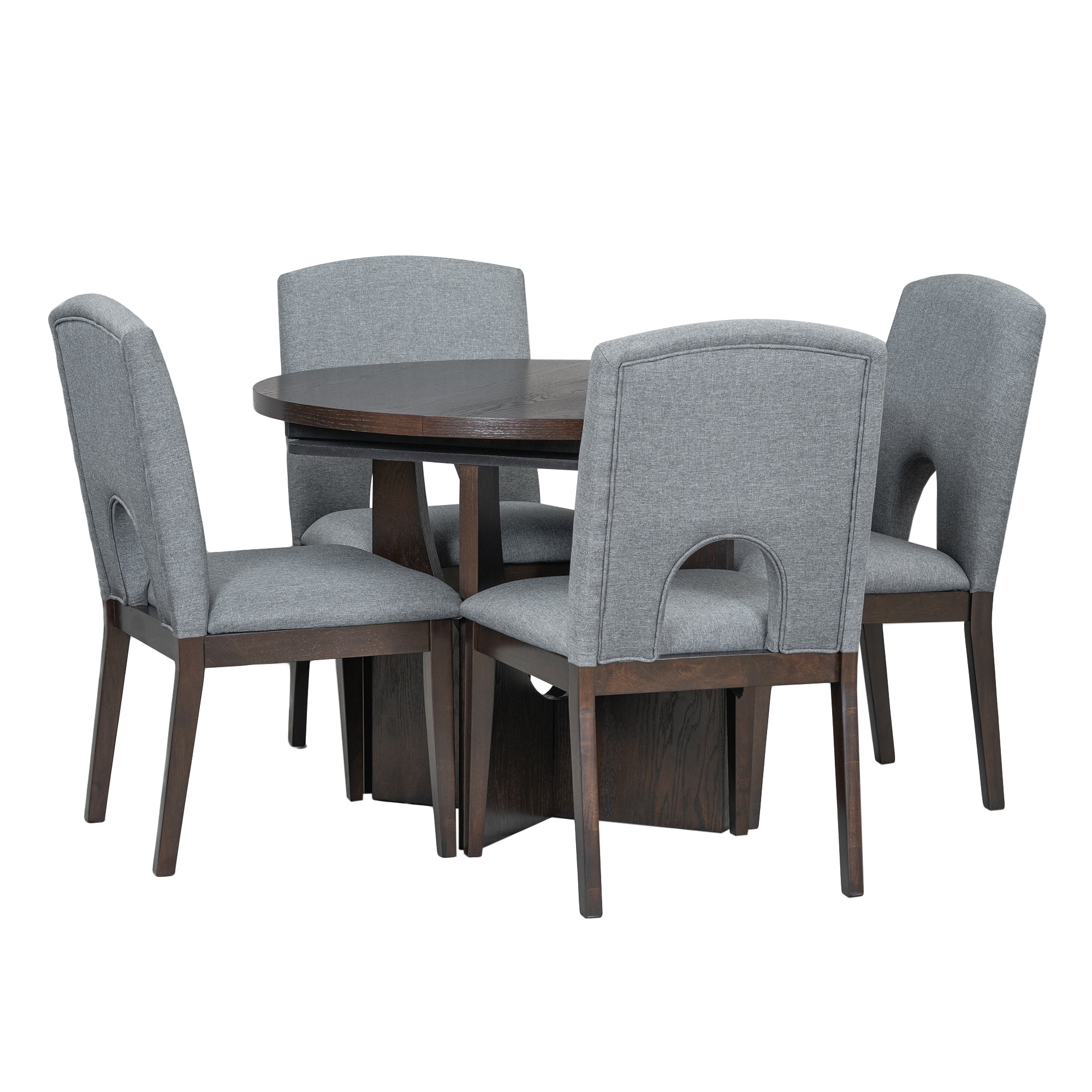 Harper & Bright Designs 5 Pieces Extendable Round Dining Table Set for 4, Modern Kitchen Dining Table with Removable Leaf and 4 Upholstered Chairs for Dining Room, Espresso+Gray