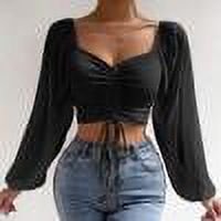 Women's Long Sleeve Mesh Cropped Top V-Neck Blouse Soft Polyester Casual Wear Drawstring Design for Daily Outfits Party Work Spring Summer