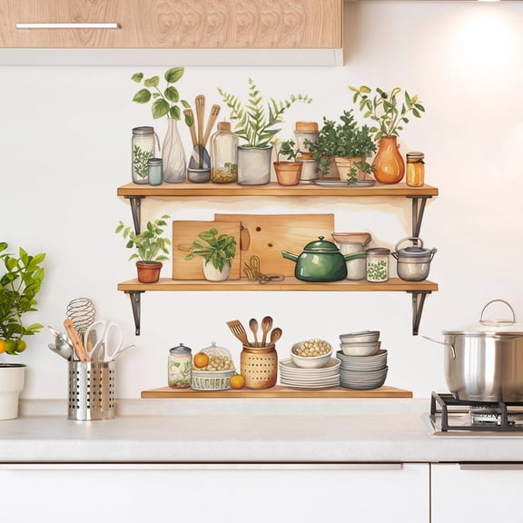 Bowl Kitchenware Utensil Shelf Wall Stickers, Potted Green Plants DIY Wall Decals Removable Vinyl Peel and Stick