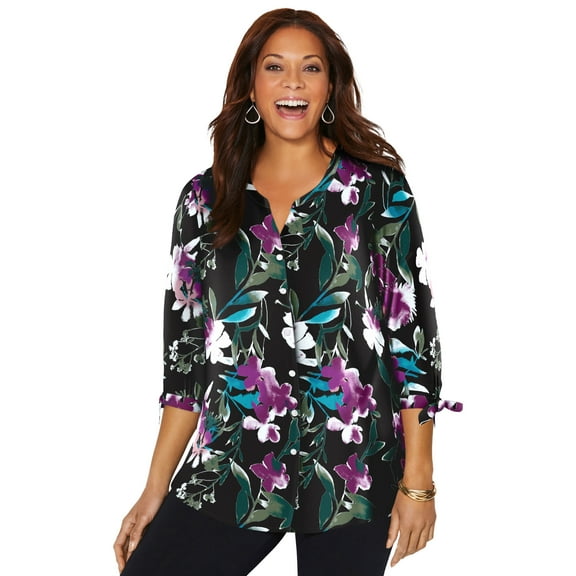 Catherines Women's Plus Size Georgette Buttonfront Tie Sleeve Cafe Blouse