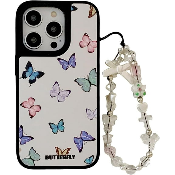 Y2K Butterfly Mirror Case with Phone Chain for iPhone 12/12 Pro,Aesthetic Cute Stylish Chic Design Girly Glossy Slim Protective Gift Cover Bow Pearl Wristchain(i12/12pro 6.1in)