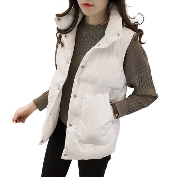 comerut Women Cotton Vest Single-breasted Stand Collar Padded Thicken Solid Color Keep Warm Neck Protection Sleeveless Winter Vest for Outdoor