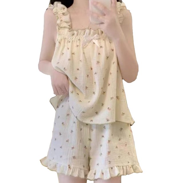 Pijamas sin mangas florales Poliéster Conjunto de pijama de dos piezas para mujer casual lindo para el hotel en casa