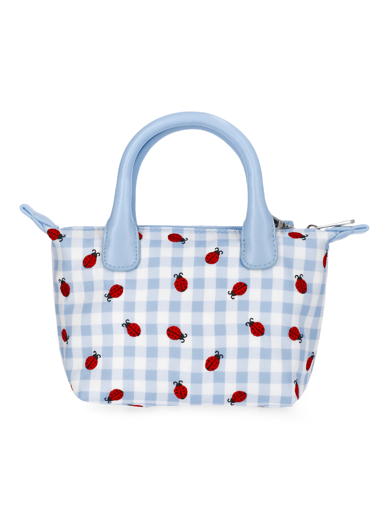 No Boundaries Women's Mini Tote Crossbody Bag, Sky Gingham with Ladybug Embroidery