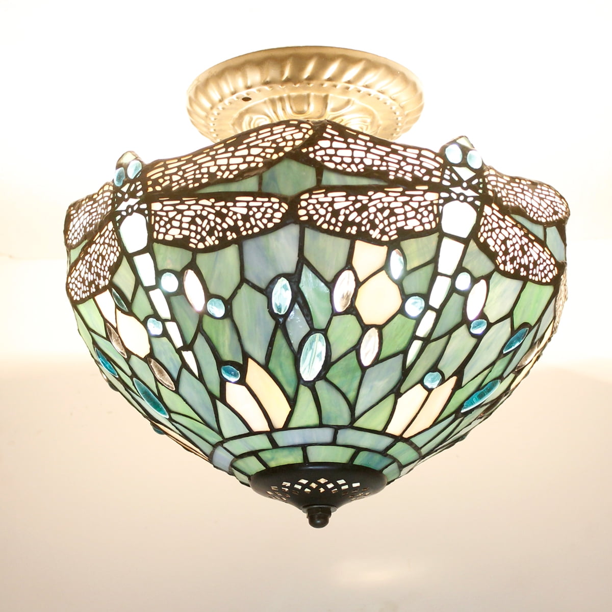 Tiffany Ceiling Light Fixture Semi Flush Mount 12" Sea Blue Stained Glass Dragonfly Cover Shade Overhead Close to Island Hanging Lamp Decor Bedroom Kitchen Dining Living Room Entry Hallway WERFACTORY