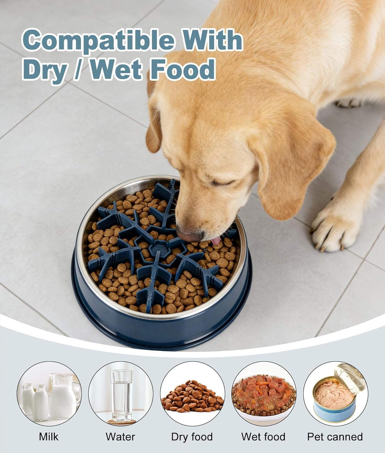 Slow Feeder Insert for Dog Bowl,  100% Food-Grade Silicone Slow Feeder Insert Fits Large Medium Small Size Dogs, Compatible with Regular & Elevated Bowls, Helps Prevent Digestive Issues, Blue