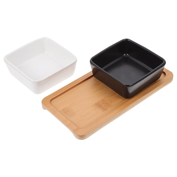 ifundom Pet Feeding Bowl Set with Wooden Tray, Ceramic Food and Water Container for Cats and Dogs, and Easy to Clean