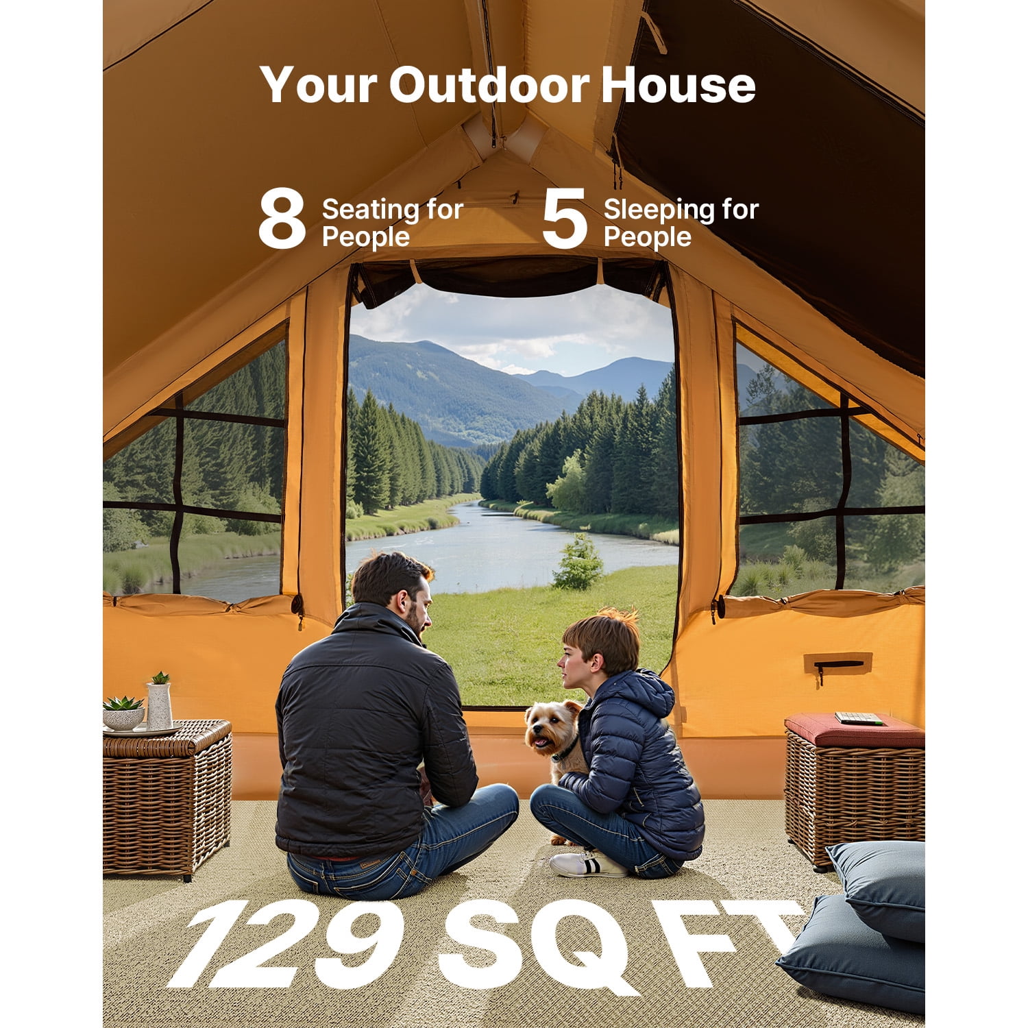 KFFKFF Inflatable Camping Tent for 5-8 Person, 13.12 x 9.84 x 7.22 Ft Oxford Fabric Glamping Blow up Tent with Hand Pump, Waterproof Air Tent with Dual Sunroofs, Stove Jack
