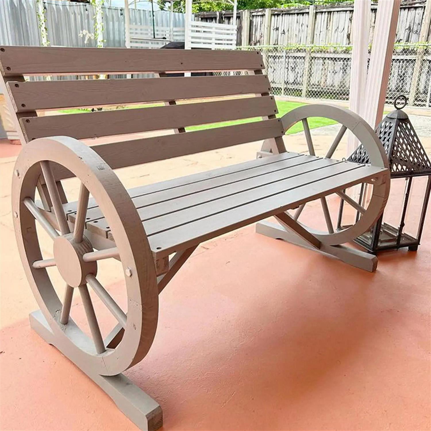 Demi Bonn 41" Patio Garden Bench Wooden Wagon Wheel Bench, Outdoor Benches Furniture with Backrest for Backyard, Park, Lawn, Yard, Gray