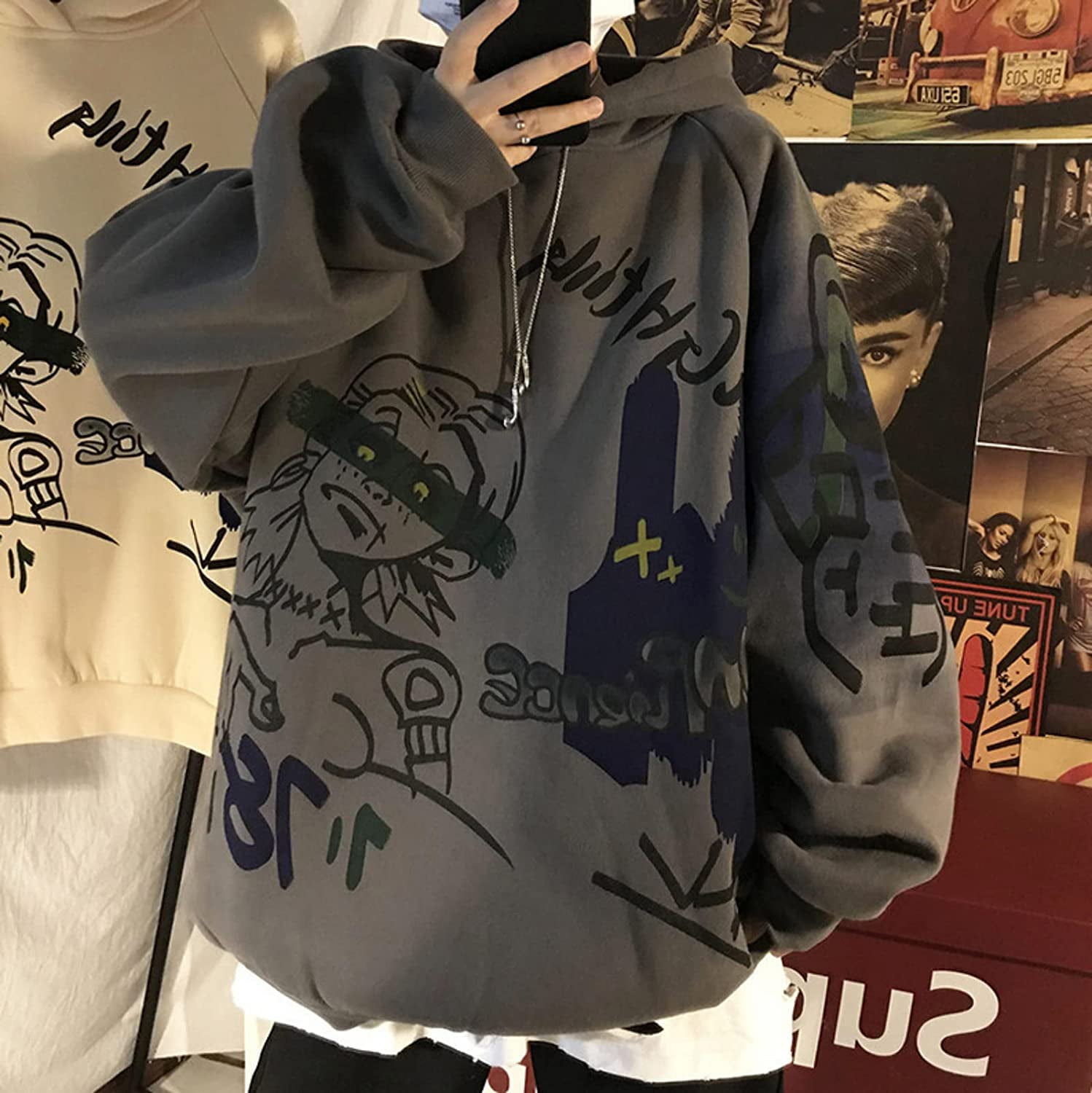 CoCopeaunt Men Y2K Harajuku Hoodie Japanese Anime Manga Print Fake Two Piece  Aesthetic Hooded Sweatshirt Cartoon Street Pullover 