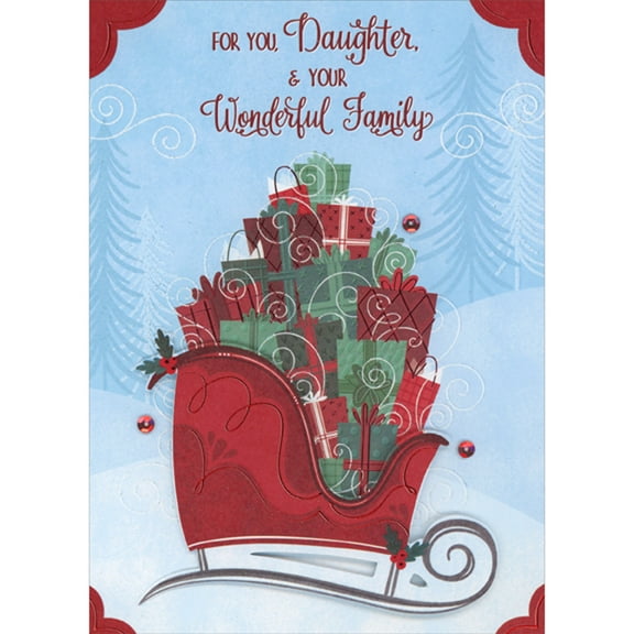 Designer Greetings Red Tip On 3D Sleigh Piled High with Red, White and Green Wrapped Gifts Hand Decorated Christmas Card for Daughter and Family