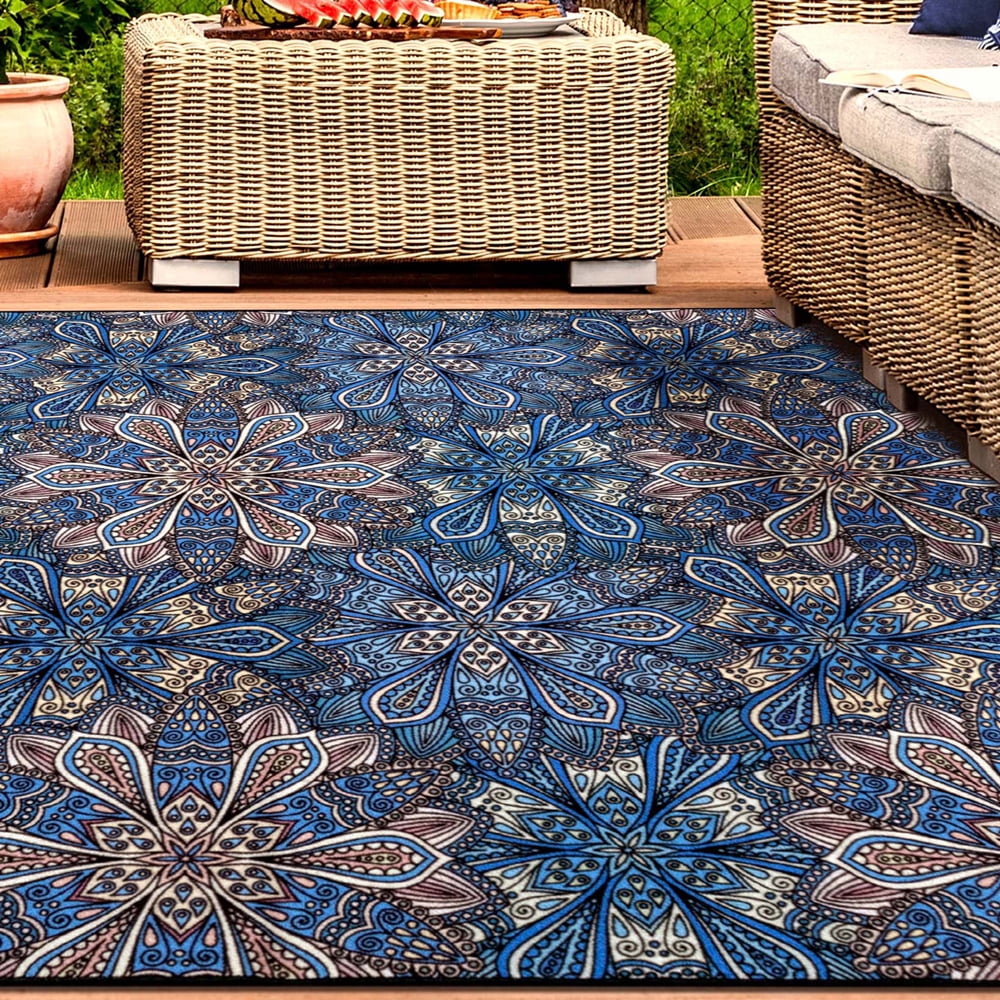Superior Boho Floral Indoor Outdoor Area Rug, 8' x 10', Blue
