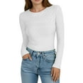 thumbnail image 2 of QIUOMBBP Women's Crew Neck Tops Long Sleeve Casual Textured Slim Fitted Trendy Shirts Going Out Basics Tees zz-White S, 2 of 8