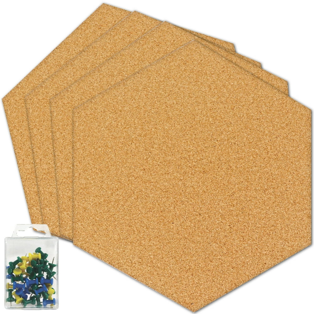 Hexagon Cork Board Tiles Self Adhesive, Pin Board Decoration, 4 Pack