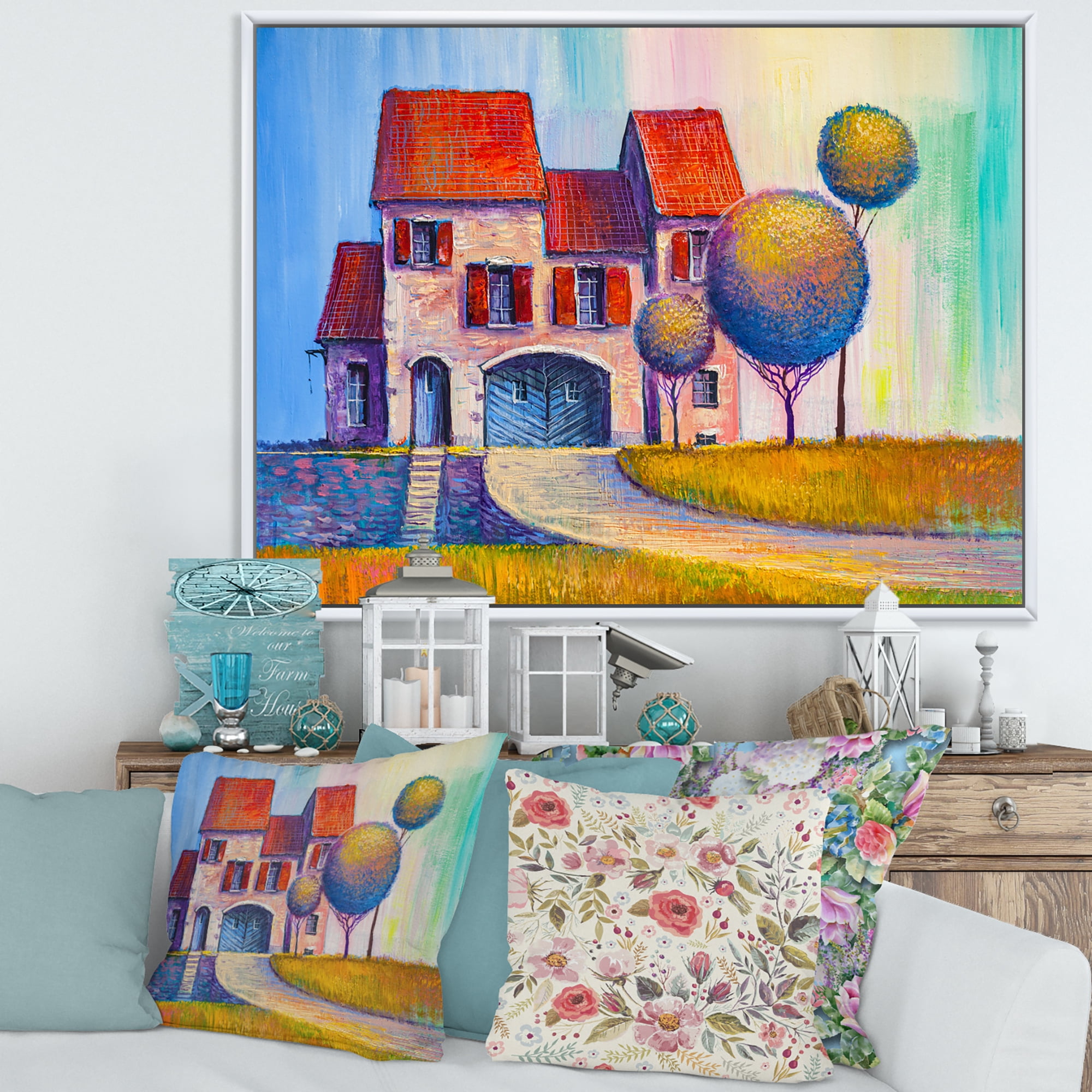 Designart 'A Red Roof House With In The Village' Modern Framed Canvas Wall Art Print