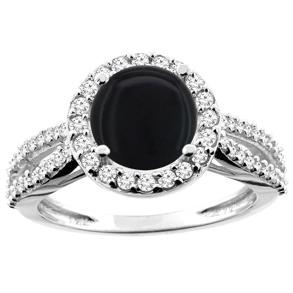 14K White Gold Natural Black Onyx Ring Round 8mm Diamond Accent, size 10