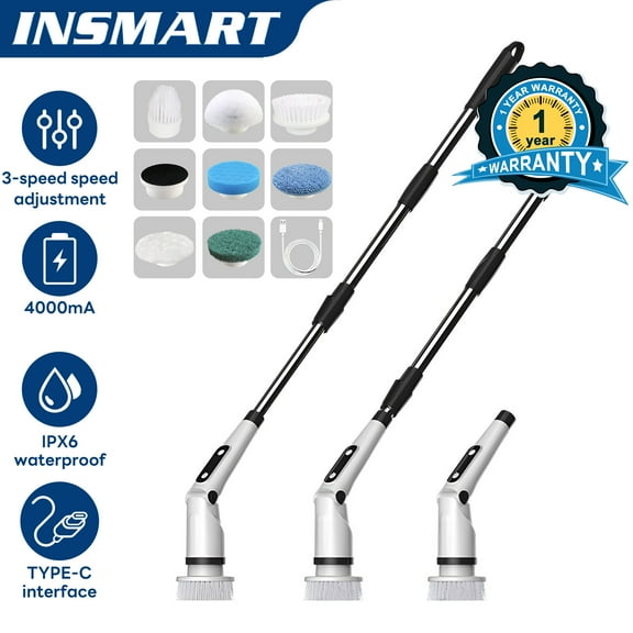 INSMART Electric Spin Scrubber with Extendable 2-Piece Handle, 8 Replaceable Brush Heads, Cleaning Tool for Bathroom, Shower, Bathtub, Tile Grout, Kitchen Floors & Windows