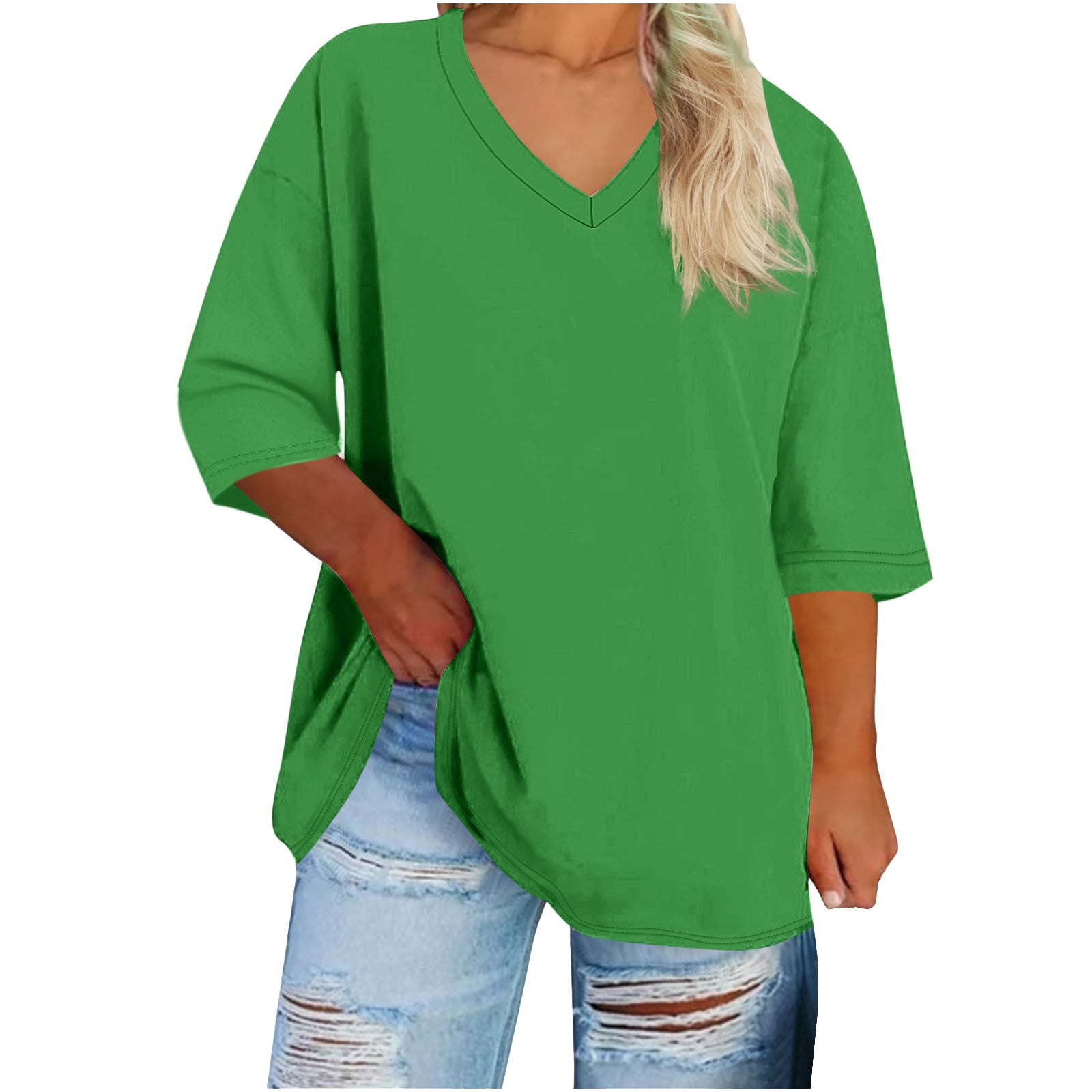 3/4 Sleeve Tops for Women Plus Size XL-5X V Neck T Shirts Womens Casual Solid Color Loose Pullover Breathable Basic Athletic Workout Tees Top