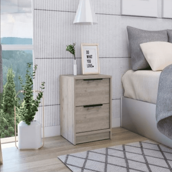 We Have Furniture Nightstand Cervants, Two Drawers, Metal Handle, Light Gray Finish