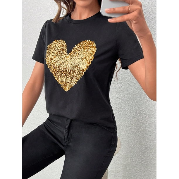 Heart-shaped sequined crew neck T-shirt, plain cotton Tee For Adult, Men, Women, Teen, Teenager, Adolescent, Youth