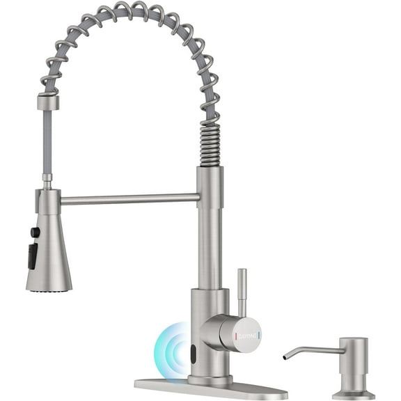 Touchless Kitchen Sink Faucet with Pull Down Sprayer and Soap Dispenser, Stainless Steel Motion Sensor Touch Faucet for Kitchen Sink Smart Hands-Free Single Handle, Brushed Nickel