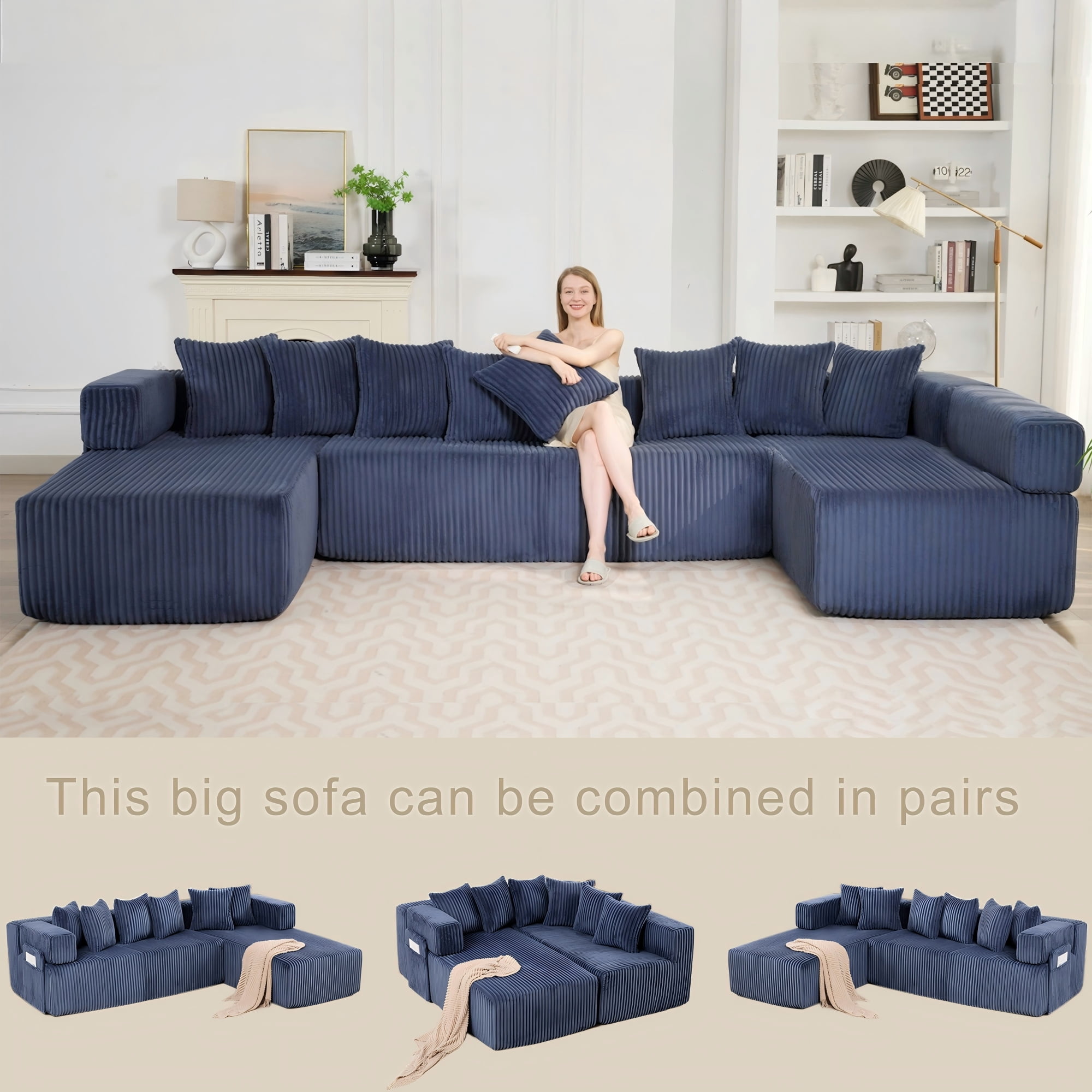 LLappuil 146" Sectional Sofa, U Shaped Sectional Couch with Chaise, 5 Seat Corduroy Sofa Convertible Sleeper Sofa Bed for Living Room Blue