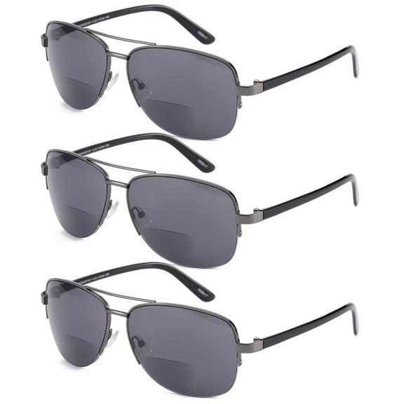 3 Pairs of Men Half Rimless Bifocal Reading Glasses 1.00 Classic Gunmetal Metal Readers Tinted Gray Sunglasses 1.00 Strength