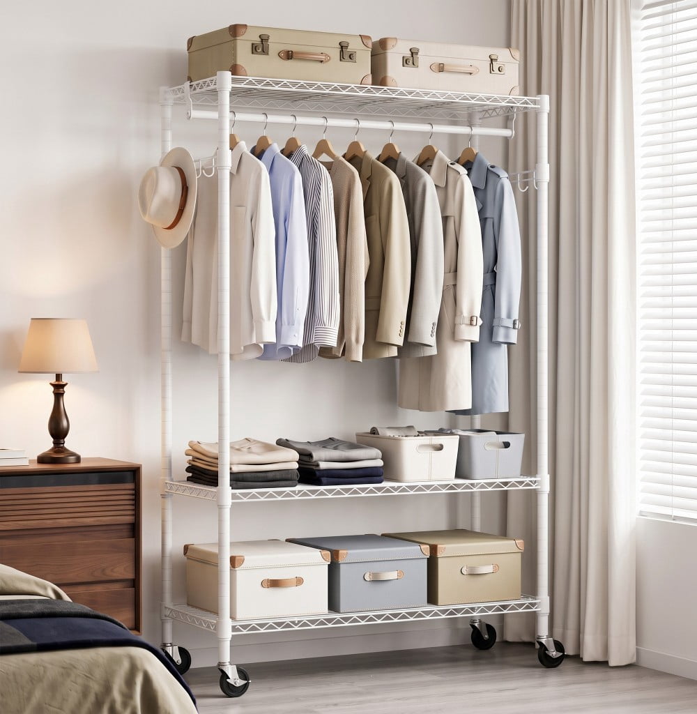 Heavy Duty Rolling Garment Rack, 3-Tier Adjustable Wire Shelving Clothes Rack with Hanging Rod, Side Hooks & Lockable Wheels, White