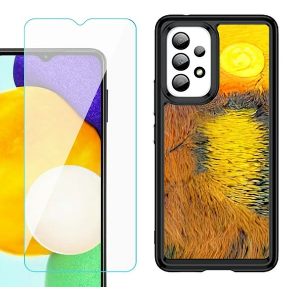 Shockproof Bumper (Black Frame) phone Case for Samsung Galaxy A23 5G, with Tempered Glass Screen Protector, by OneToughShield ® - Sunset