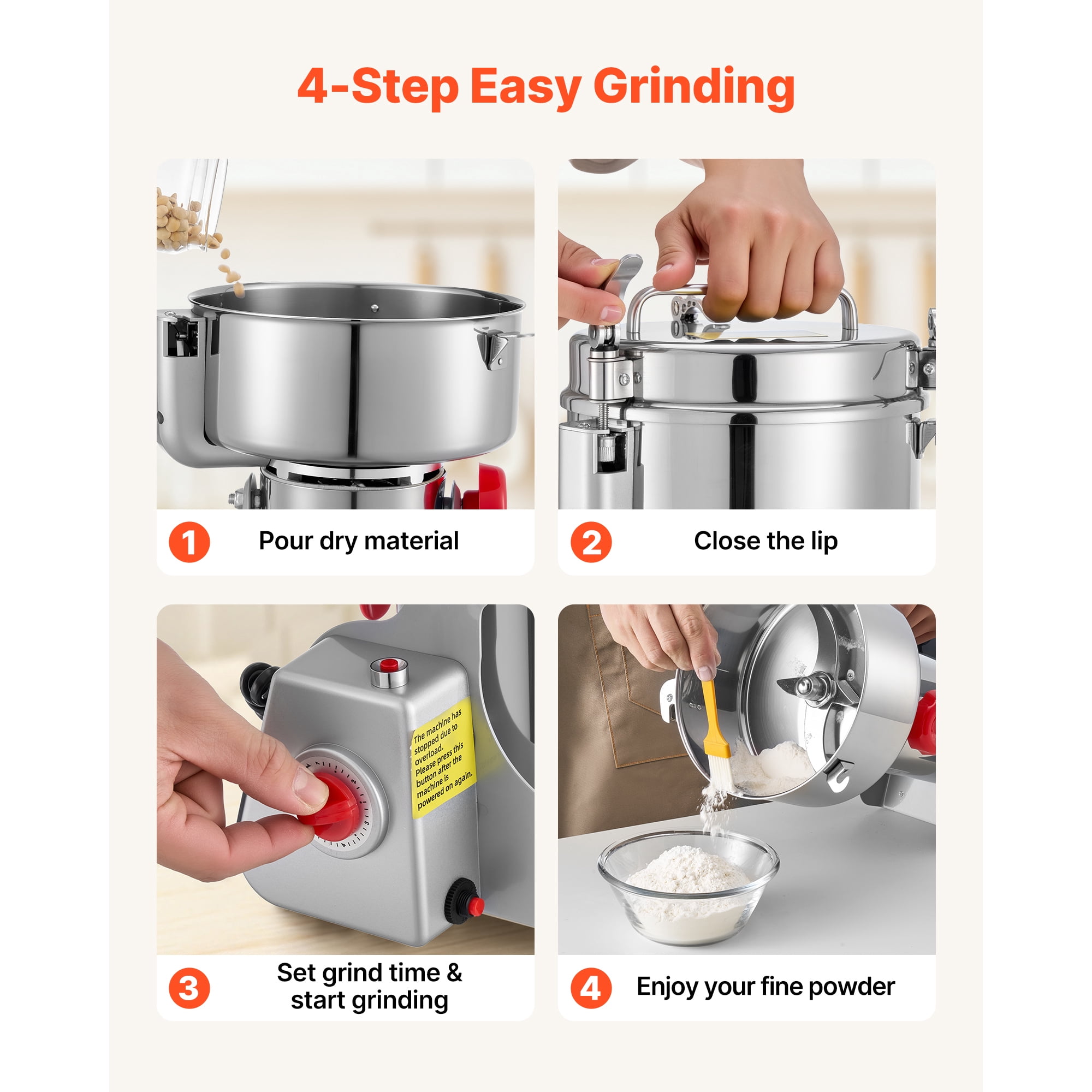 KFFKFF 2500g Electric Grain Mill Grinder, 3400W 32000RPM High-Speed Machine for Grinding Dried Grains, Coffee Beans, Spices, and Nuts, Stainless Steel Pulverizer with 270° Swing Design