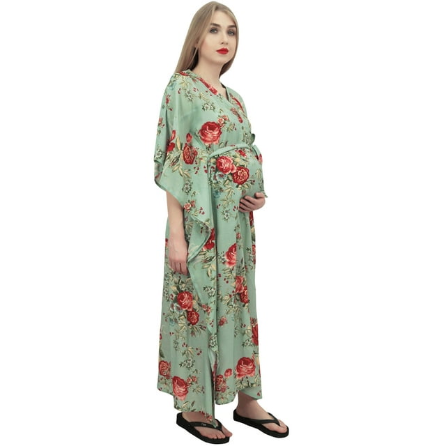 Bimba Robe Maxi de Maternité pour Mamans, Kaftan Vert Poussiéreux à Imprimé Floral avec Ceinture-14