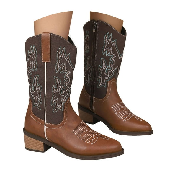 Mostsola Cowboy Boots for Women Embroidery Glitter Mid Calf Boots Fashion Western Long Boots