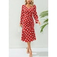 thumbnail image 3 of Polka Dot Print Ruched Ruffle Hem Dress for Women Below Knee Length Red Large, 3 of 4