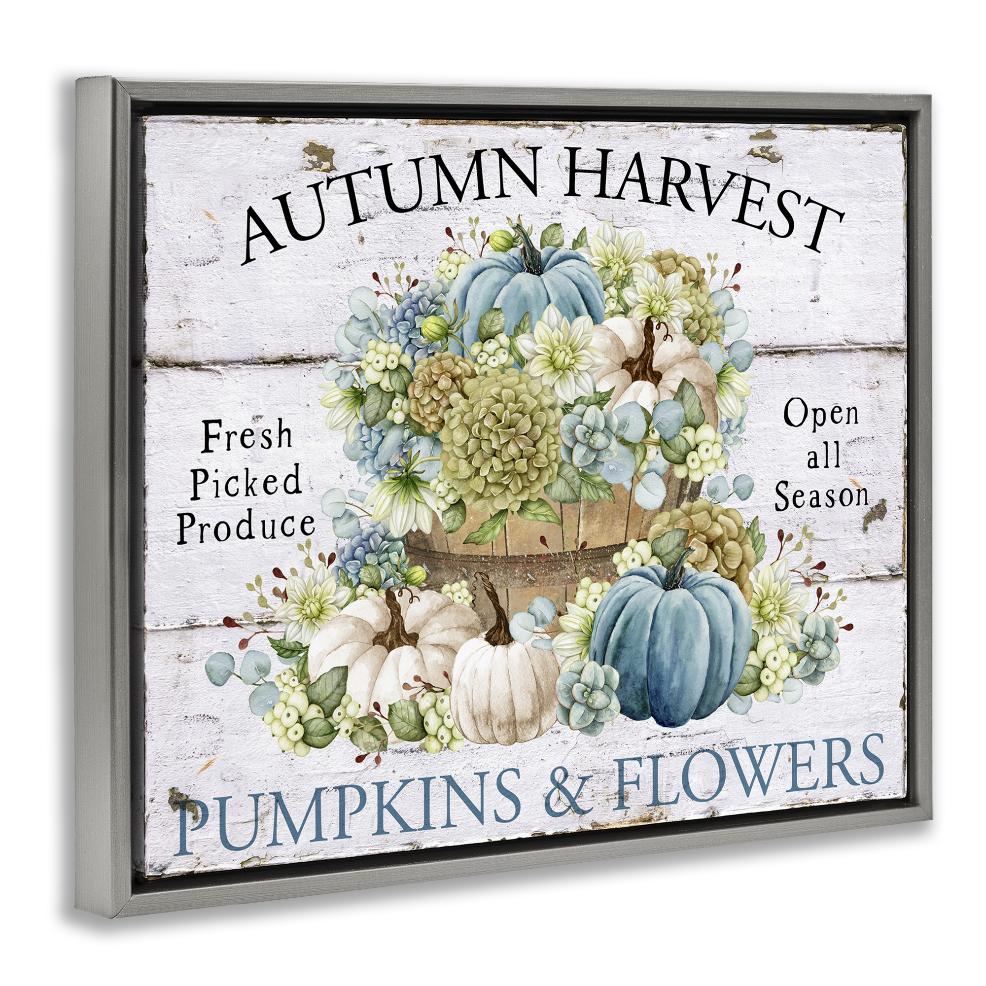 Stupell Industries Pumpkins & Flowers Harvest Holiday Painting Gray Floater Framed Canvas Art Prints Wall Art, 31 x 25