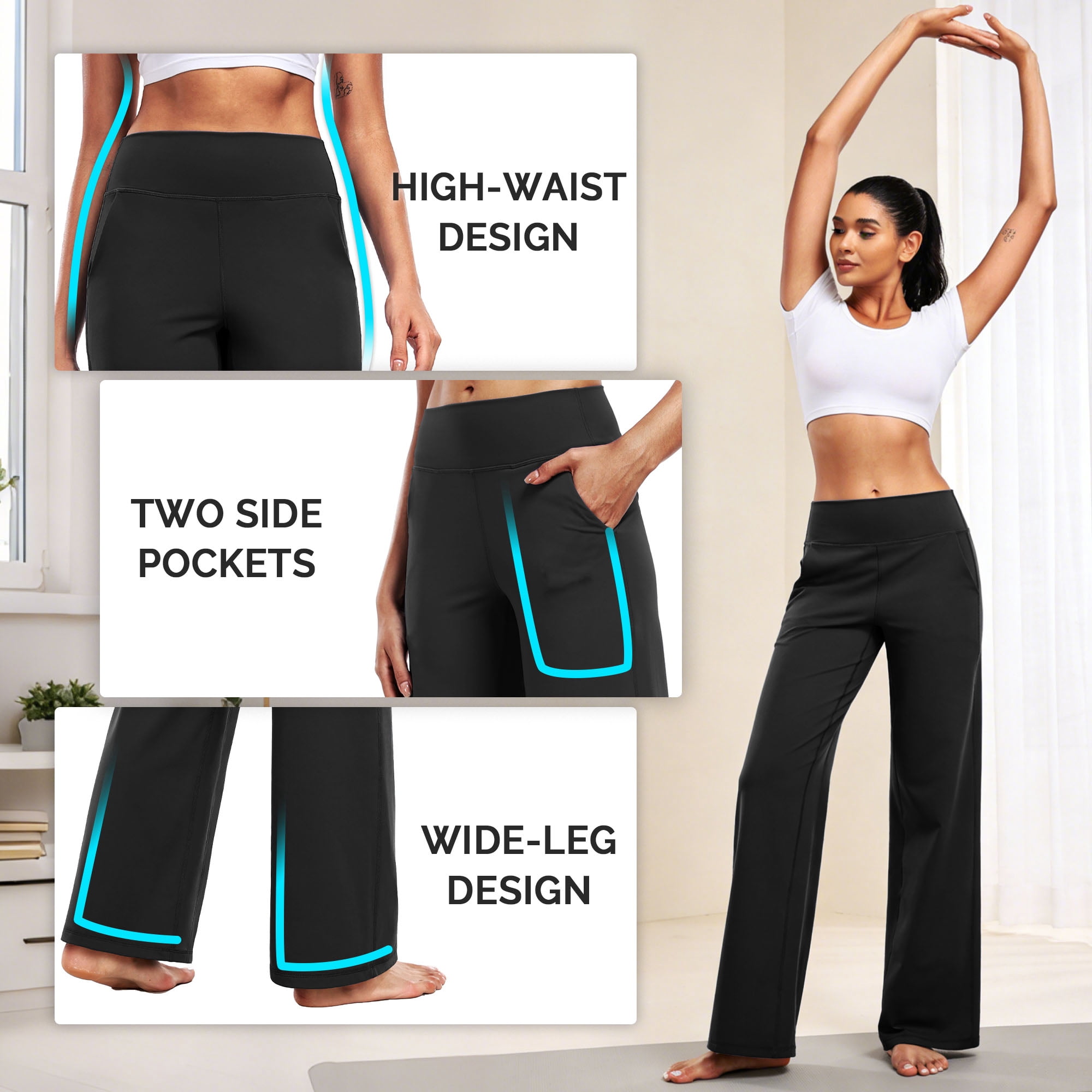 NELEUS ButterSoftFlex Womens Wide Leg Pants Athletic Yoga Legging Casual Sweatpants with Side Pockets,Black,US Size XL