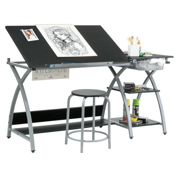 Deluxe Craft Station with Stool, Adjustable Drafting & Art Desk with Storage Shelves, Pencil Ledge, Wire Drawer, 45° Tilting Top, Steel Frame, Silver / Black