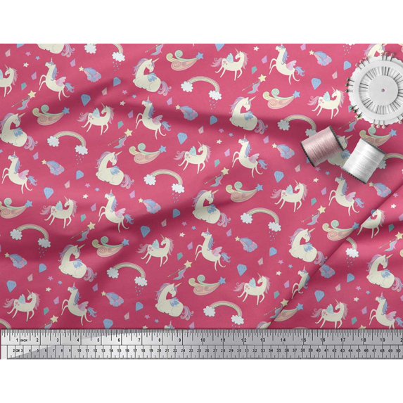 Soimoi Pink Japan Crepe Satin Fabric Rainbow & Unicorn Animal Print Fabric by Yard 42 Inch Wide