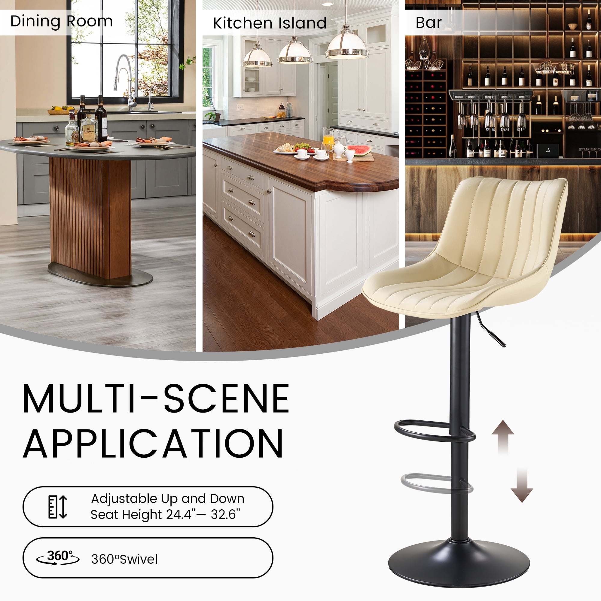 SAETSFEG Bar Stools, Adjustable Swivel Counter Height Bar Stool with Footrest, Modern PU Leather Bar Chairs for Kitchen Island, Dining Room, Beige