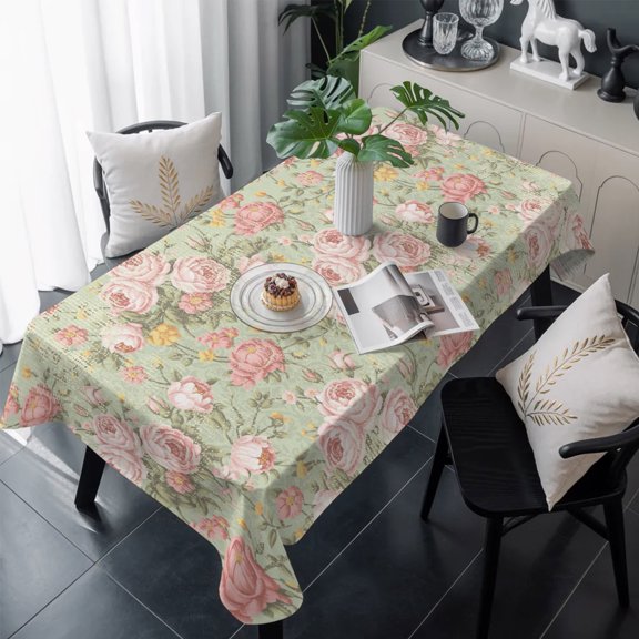 Pink Flowers Table Cloth Waterproof Tablecloths, Green Country Botanical Floral Leaves Tablecloth Dining Table Cover for Kitchen Party Tabletop Outdoor, Rectangle Tablecloth 60x120 Inch