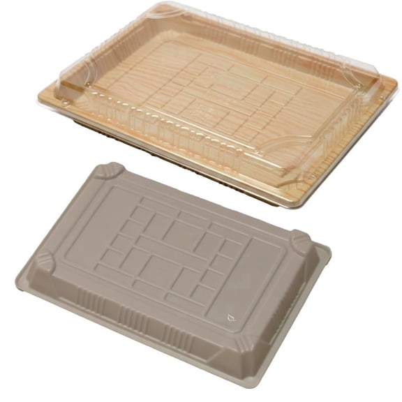 Sushi Takeout Container with Clear Lid 8.5 x 5.25 Inches – Rectangular Wooden Design Food Container Disposable Sushi Tray To Go Box – for Restaurants, Supermarkets, Catering, Party and Events (50)