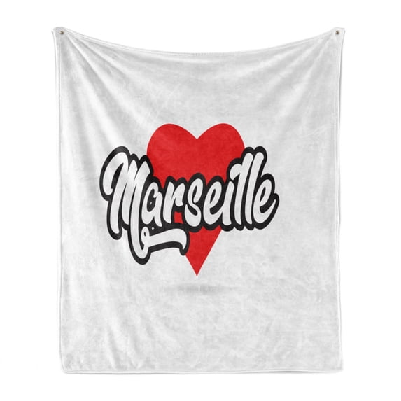 France Soft Flannel Fleece Throw Blanket, Illustration of Marseille Text Designed on Heart Shape Art Print, Cozy Plush for Indoor and Outdoor Use, 60" x 80", White Scarlet and Dark Grey, by Ambesonne