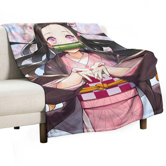 Demon Blanket Slayer Nezuko Flannel Throw Blankets Soft Pile Cozy Plush Throw Blanket for All Seasons, 3D Printed Warm Blanket for Sofa Beds Home Decor