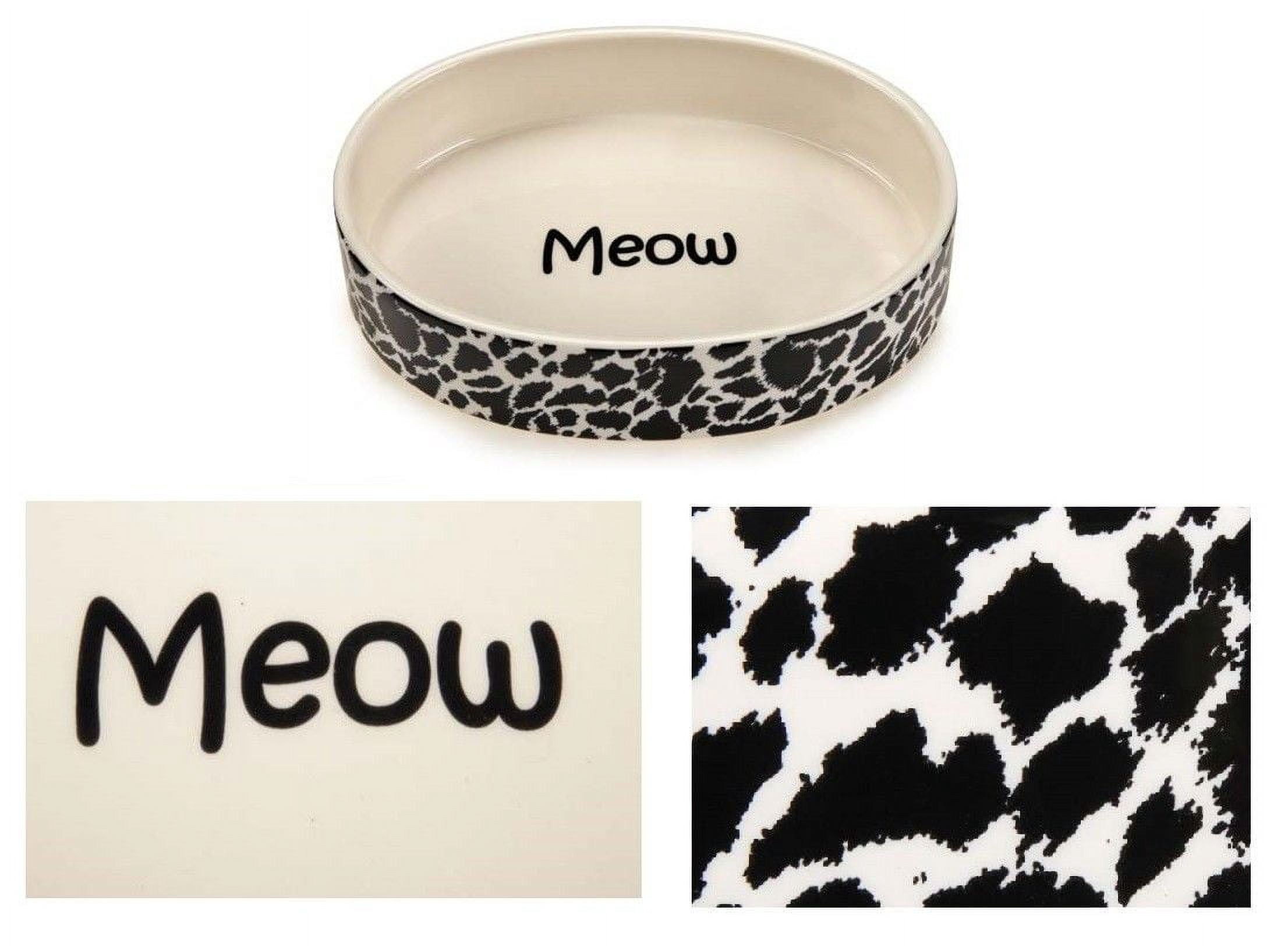 Cat Dish Ceramic Bowl Black White Animal Print "Meow" Design Oval 6" Holds 10 oz