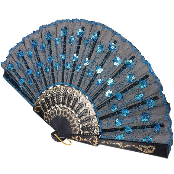 GOOHOCHY Elegant Hand Fan with Exquisite Vintage Design for Party Use Blue Color Cloth and PE Material 7 Inches