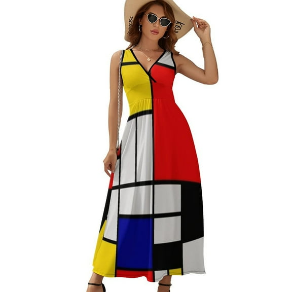 Piet Mondrian Abstract Art Dress Fashion Boho Beach Long Dresses Female Party Printed Maxi Dress