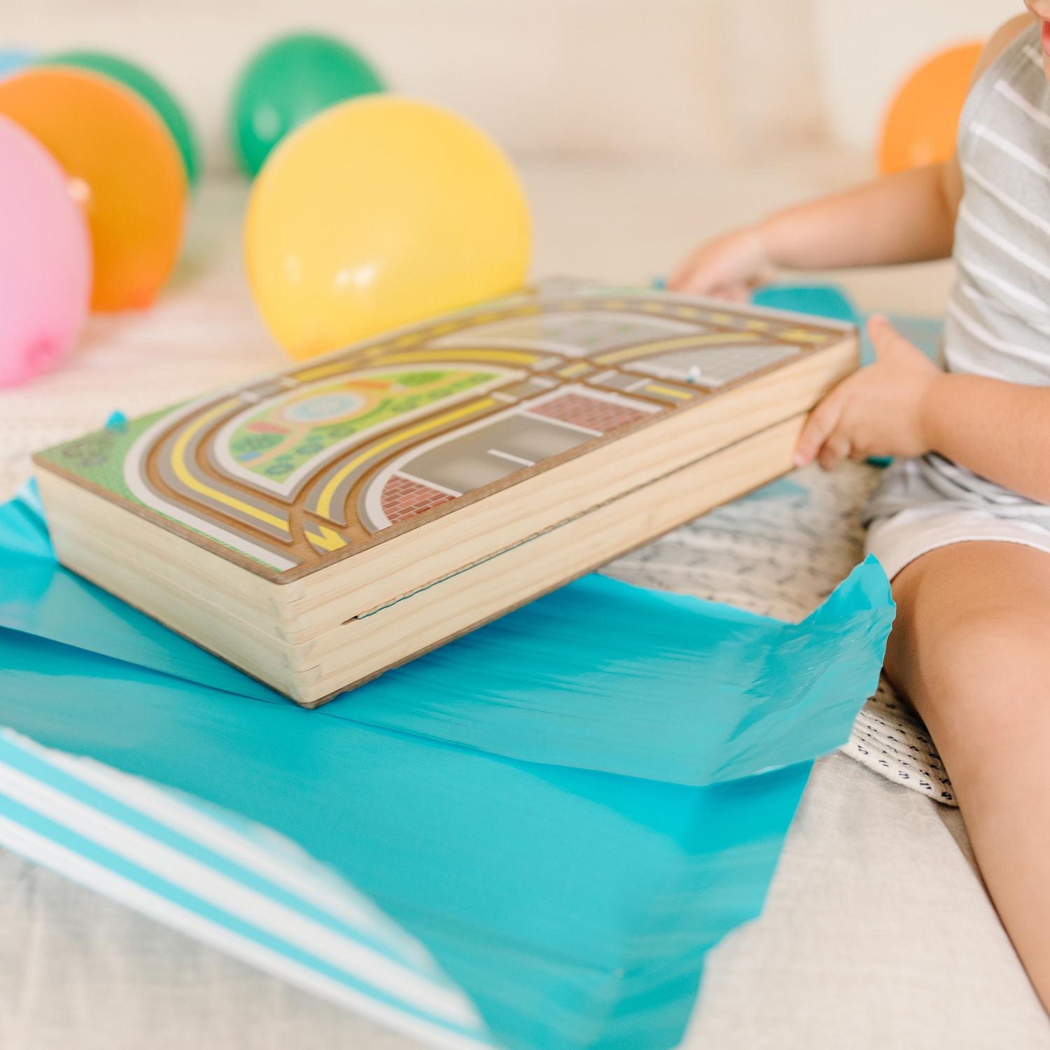 Melissa & Doug 18-Piece Wooden Take-Along Tabletop Town, 4 Rescue Vehicles, Play Pieces, Bridge