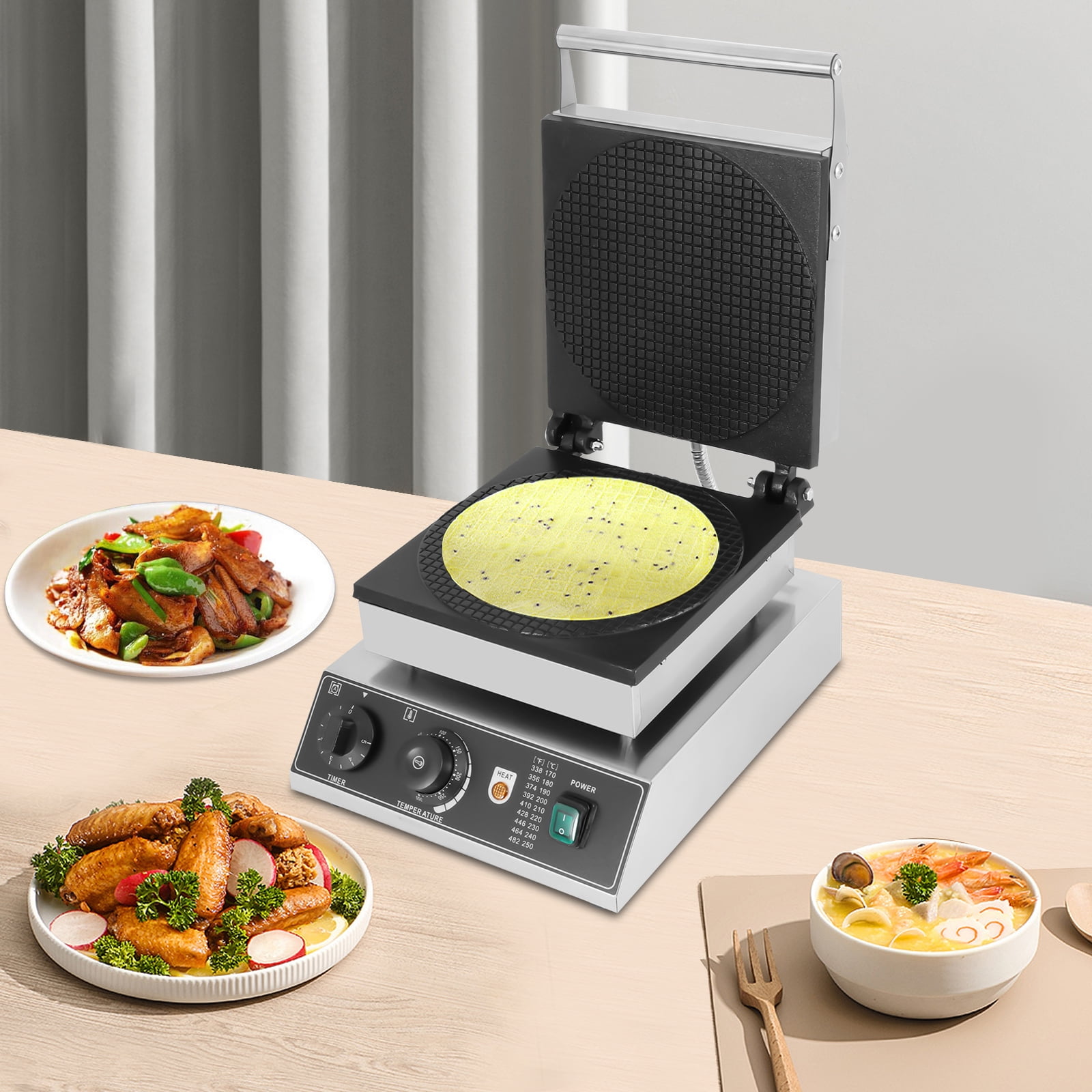 Commercial Waffle Maker, 1500W, Adjustable Temp (50-300℃) & Timer (0-5 Min), Non-Stick Teflon Coating, Stainless Steel, for Ice Cream Cones & Waffles